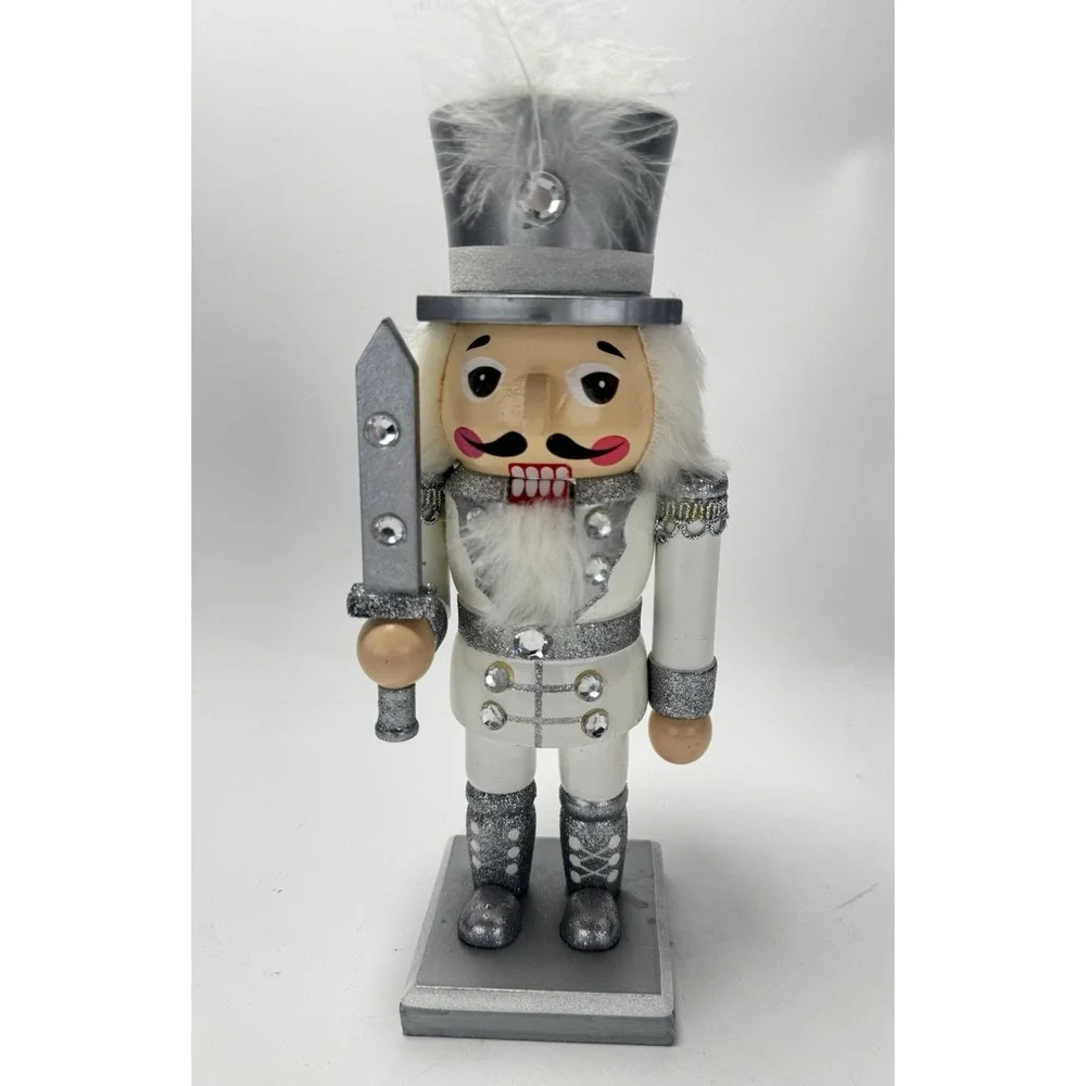 Pier 1 Imports White & Silver Nutcracker Soldier Figurine 10